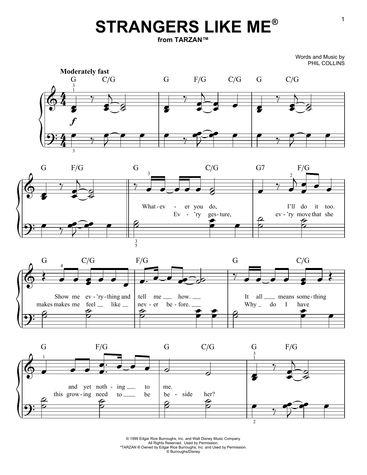 Phil Collins Strangers Like Me (from Tarzan) sheet music notes and chords arranged for Easy Piano