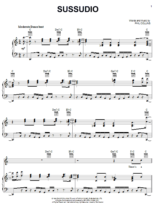 Phil Collins Sussudio sheet music notes and chords arranged for Piano, Vocal & Guitar Chords (Right-Hand Melody)