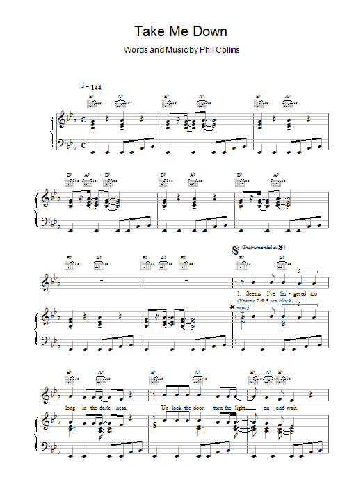 Phil Collins Take Me Down sheet music notes and chords arranged for Piano, Vocal & Guitar Chords