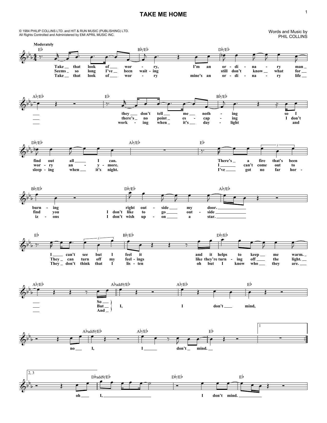 Phil Collins Take Me Home sheet music notes and chords arranged for Lead Sheet / Fake Book