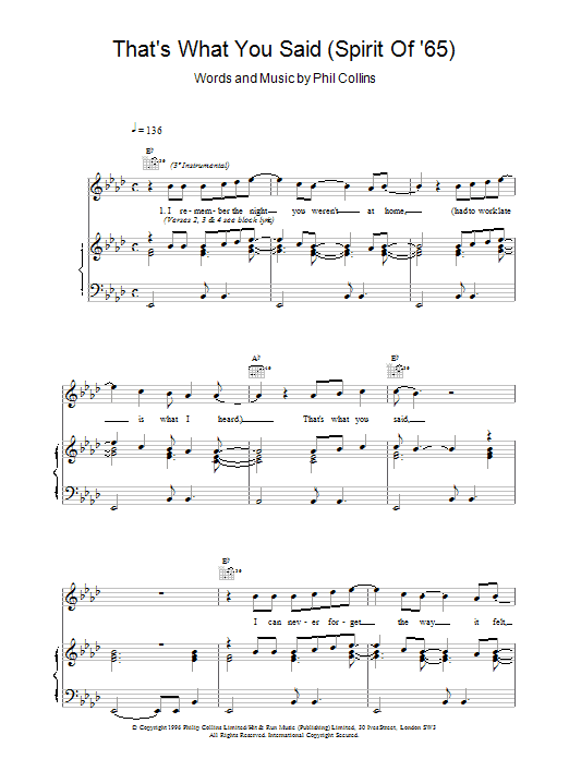 Phil Collins That's What You Said (Spirit Of '65) sheet music notes and chords arranged for Piano, Vocal & Guitar Chords