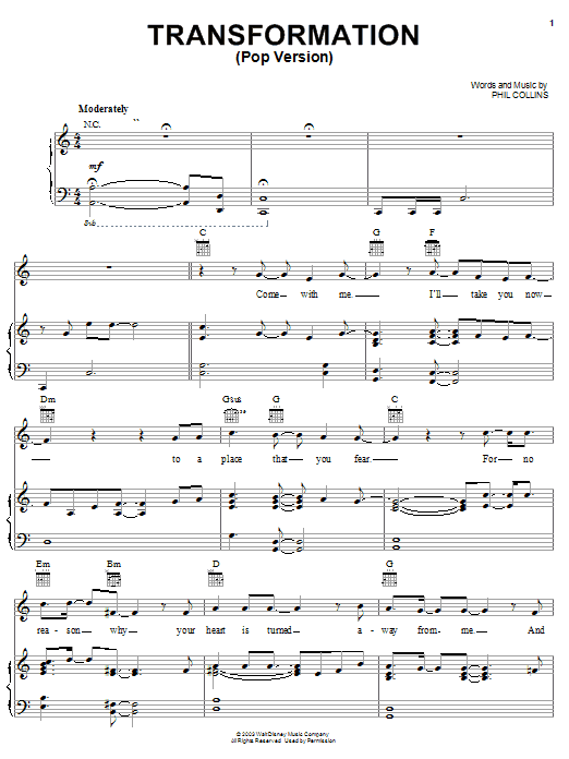 Phil Collins Transformation (Pop Version) sheet music notes and chords arranged for Easy Piano