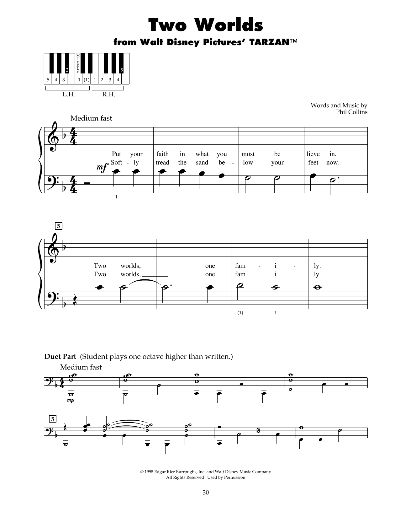 Phil Collins Two Worlds (from Tarzan) sheet music notes and chords arranged for 5-Finger Piano