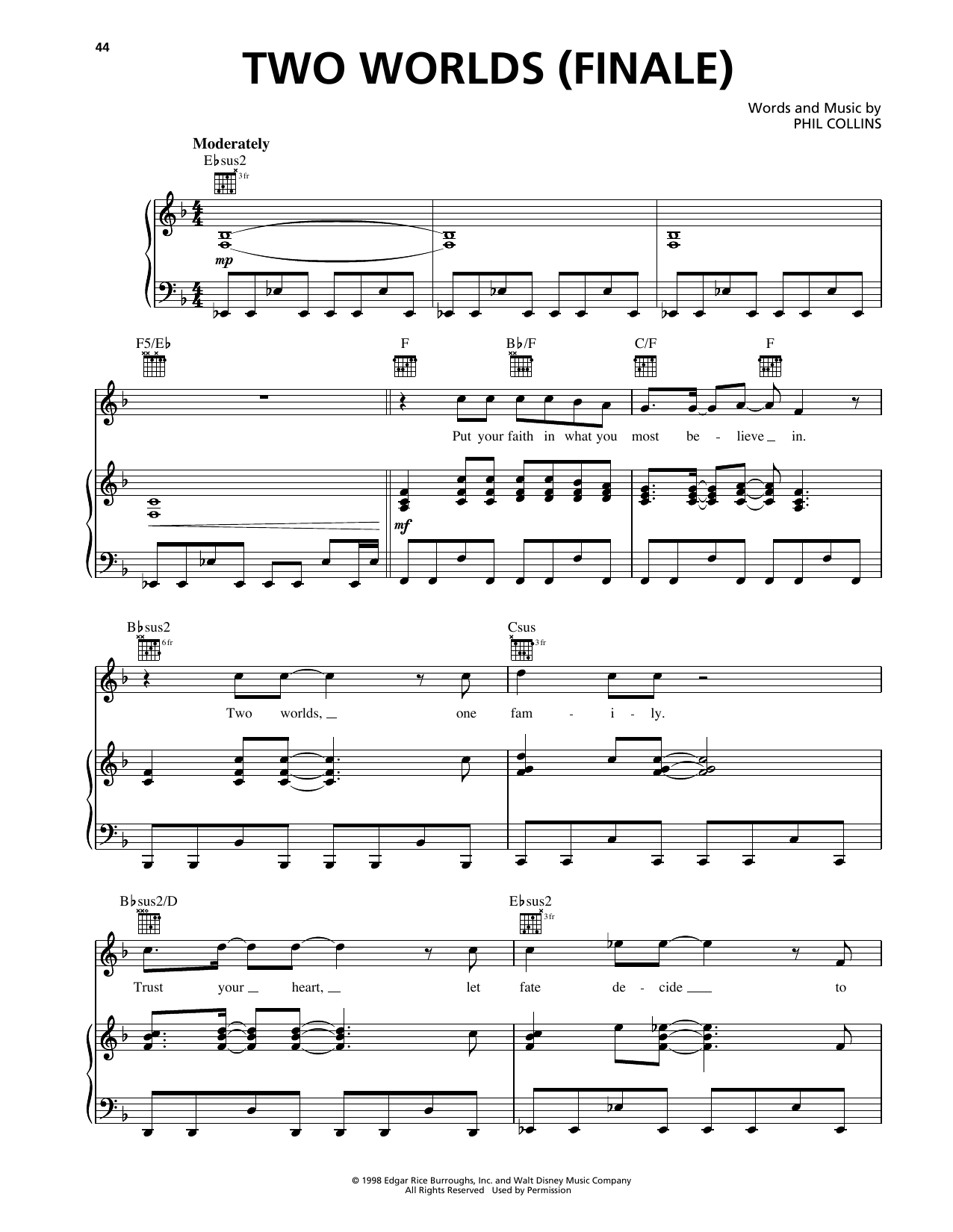 Phil Collins Two Worlds* (Finale) (from Tarzan) sheet music notes and chords arranged for Piano, Vocal & Guitar Chords (Right-Hand Melody)