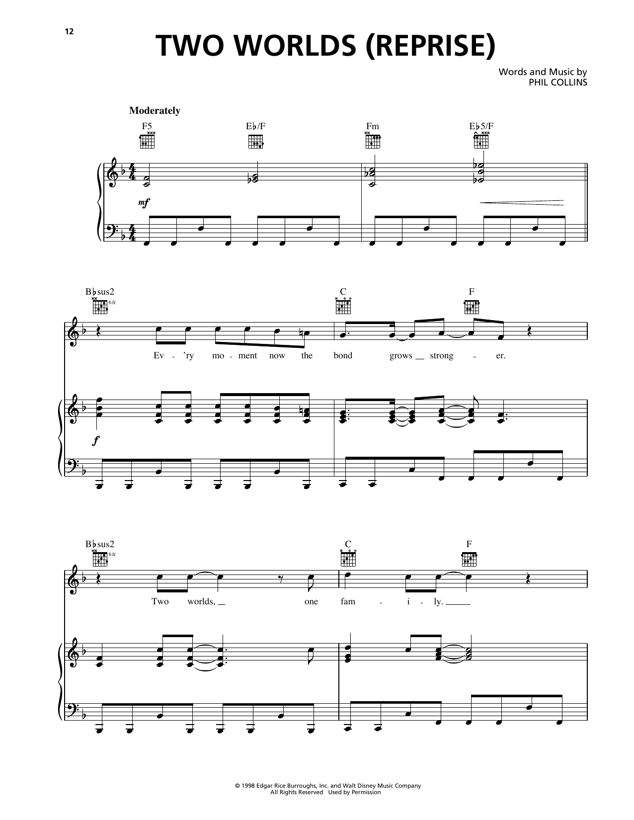 Phil Collins Two Worlds* (Reprise) (from Tarzan) sheet music notes and chords arranged for Piano, Vocal & Guitar Chords (Right-Hand Melody)