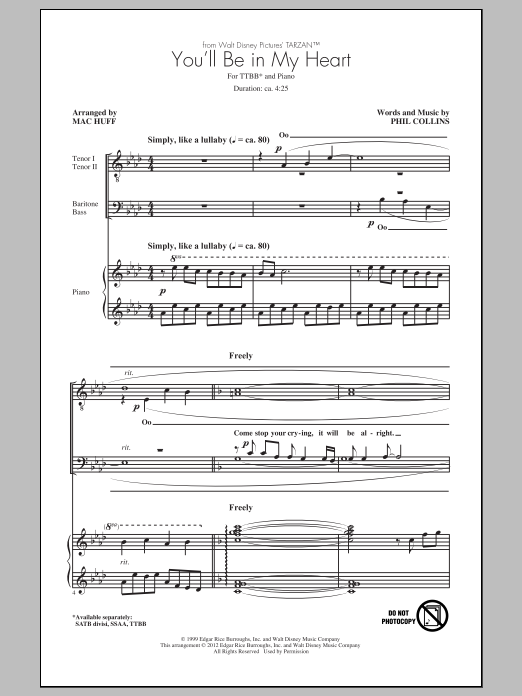 Phil Collins You'll Be In My Heart (from Tarzan) (arr. Mac Huff) sheet music notes and chords arranged for TTBB Choir