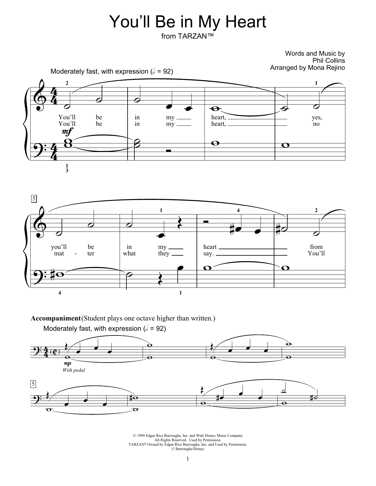 Phil Collins You'll Be In My Heart (from Tarzan) (arr. Mona Rejino) sheet music notes and chords arranged for Educational Piano
