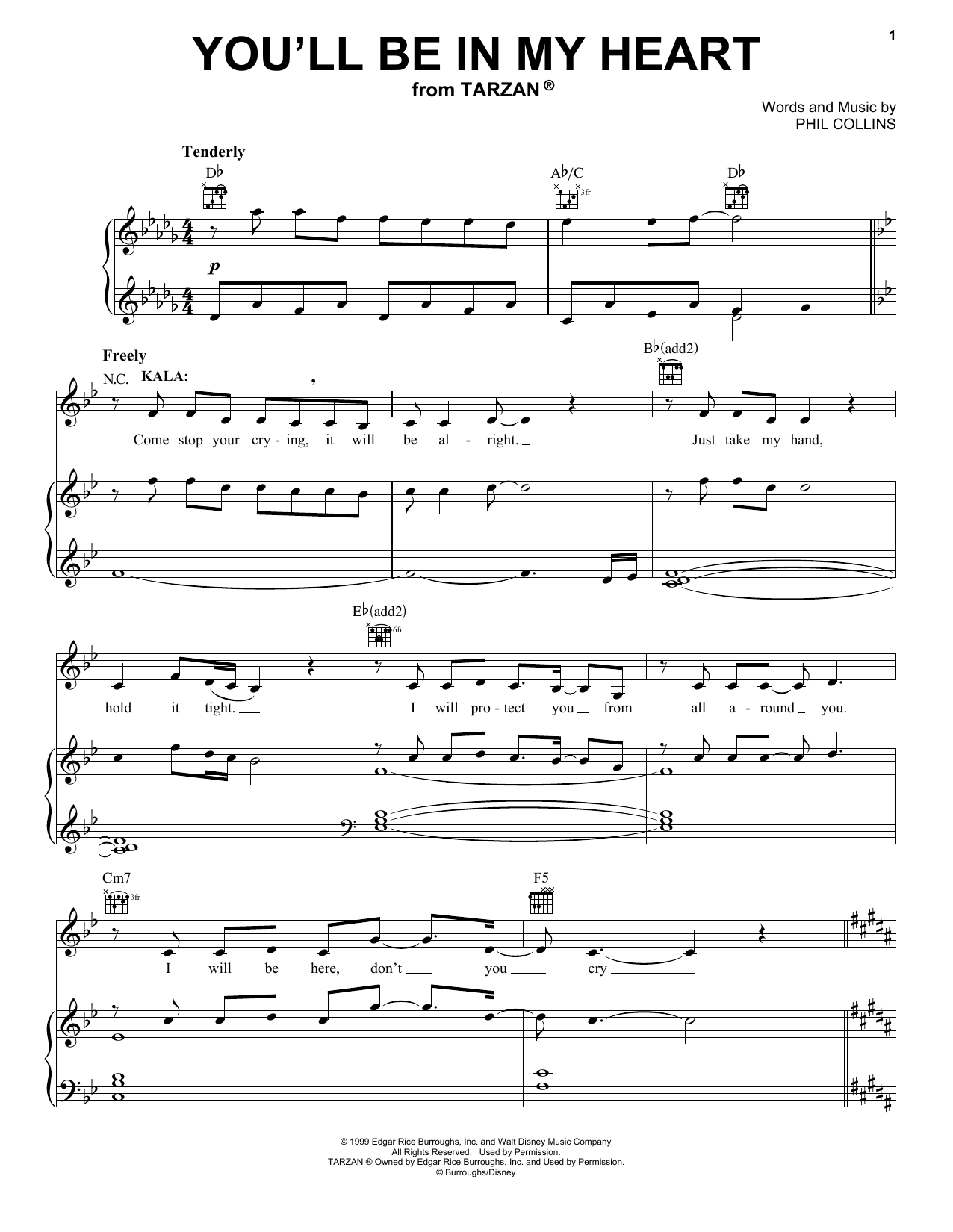 Phil Collins You'll Be In My Heart (from Tarzan: The Broadway Musical) sheet music notes and chords arranged for Piano, Vocal & Guitar Chords (Right-Hand Melody)