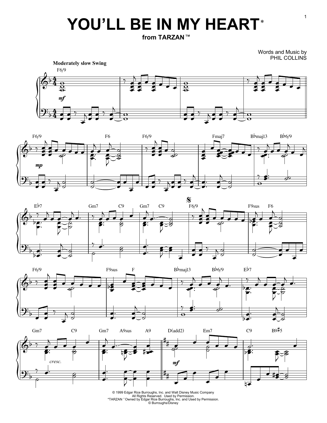 Phil Collins You'll Be In My Heart [Jazz version] (from Tarzan) sheet music notes and chords arranged for Piano Solo