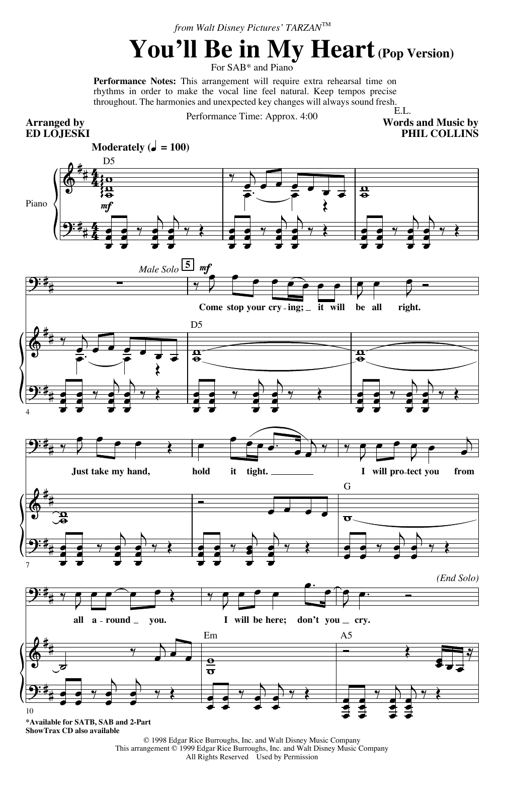 Phil Collins You'll Be In My Heart (Pop Version) (from Tarzan) (arr. Ed Lojeski) sheet music notes and chords arranged for 2-Part Choir