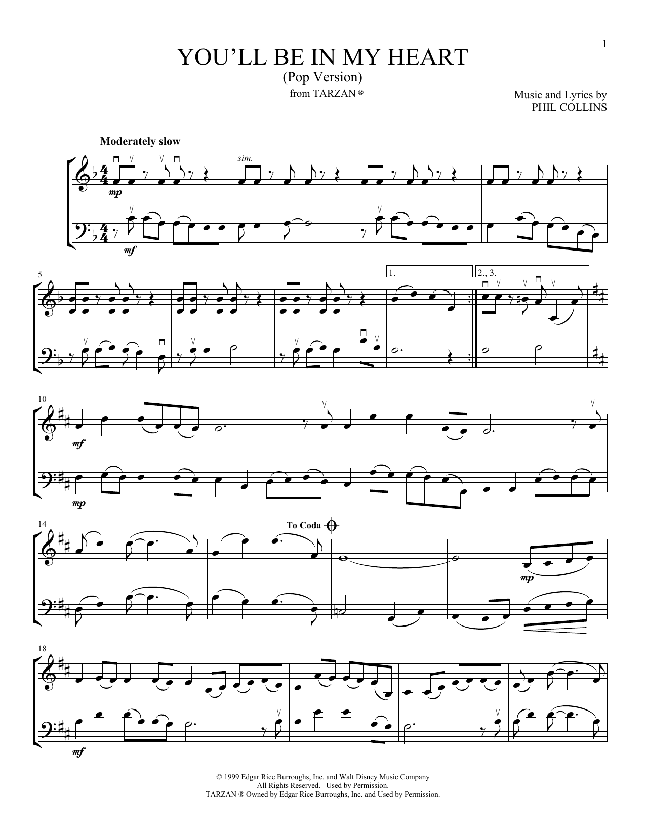 Phil Collins You'll Be In My Heart (Pop Version) (from Tarzan) (arr. Michelle Hynson) sheet music notes and chords arranged for Instrumental Duet