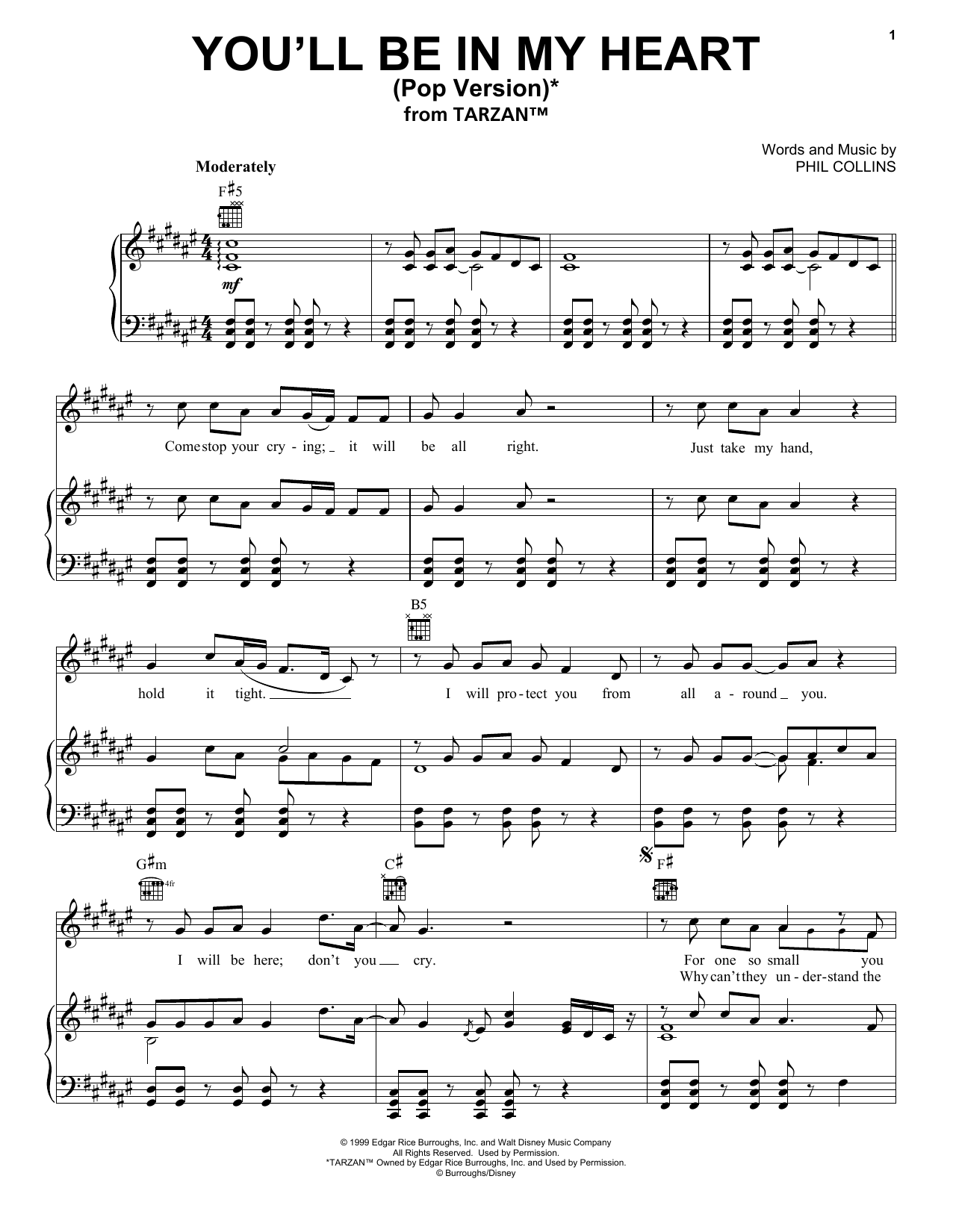 Phil Collins You'll Be In My Heart (Pop Version) (from Tarzan) sheet music notes and chords arranged for Super Easy Piano