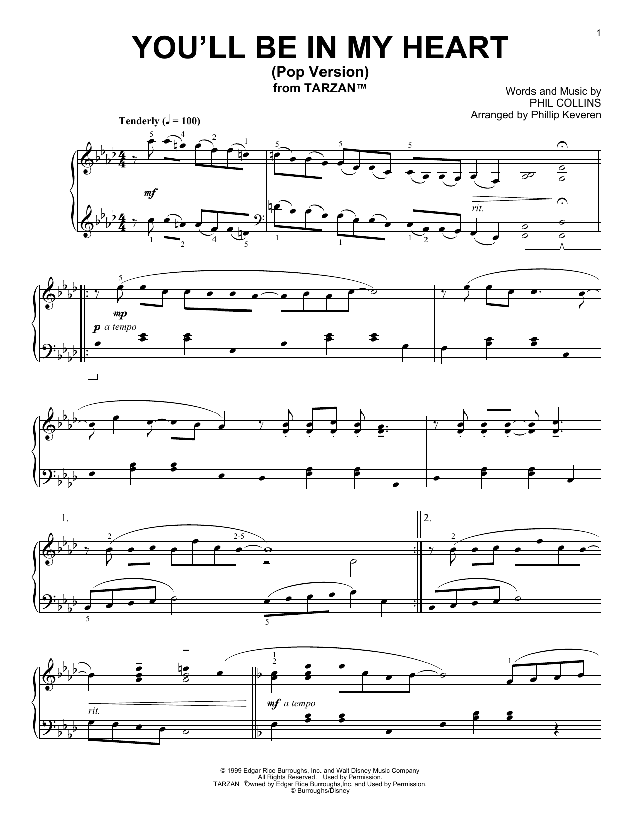 Phil Collins You'll Be In My Heart [Ragtime version] (from Tarzan) (arr. Phillip Keveren) sheet music notes and chords arranged for Piano Solo