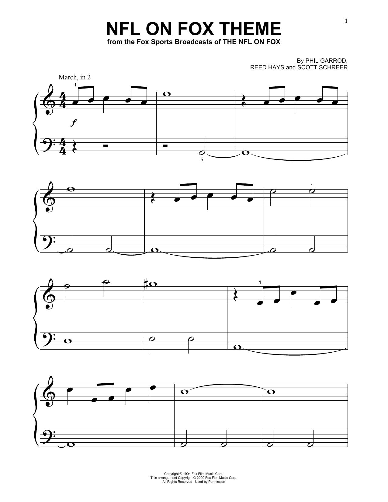 Phil Garrod, Reed Hays and Scott Schreer NFL On Fox Theme sheet music notes and chords arranged for Big Note Piano