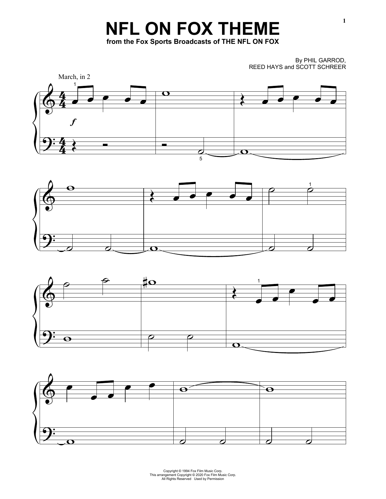 Phil Garrod, Reed Hays and Scott Schreer NFL On Fox Theme sheet music notes and chords arranged for Beginning Piano Solo