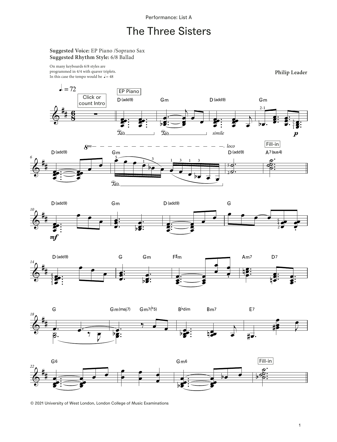 Phil Leader The Three Sisters (from LCME Electronic Keyboard Grade 7 List A) sheet music notes and chords arranged for Piano Solo