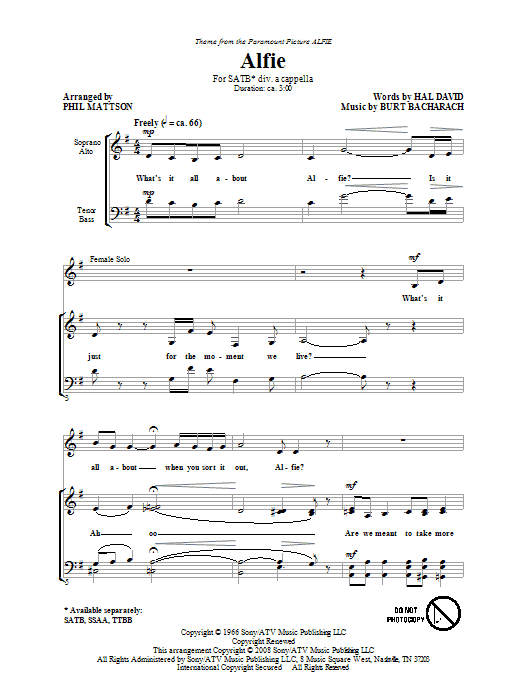 Phil Mattson Alfie sheet music notes and chords arranged for SSA Choir