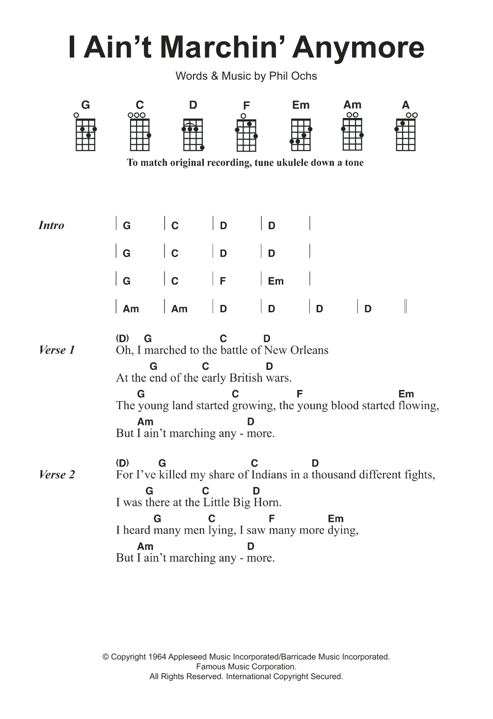 Phil Ochs I Ain't Marchin' Anymore sheet music notes and chords arranged for Ukulele