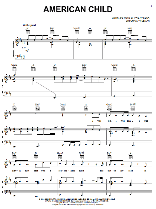 Phil Vassar American Child sheet music notes and chords arranged for Piano, Vocal & Guitar Chords (Right-Hand Melody)