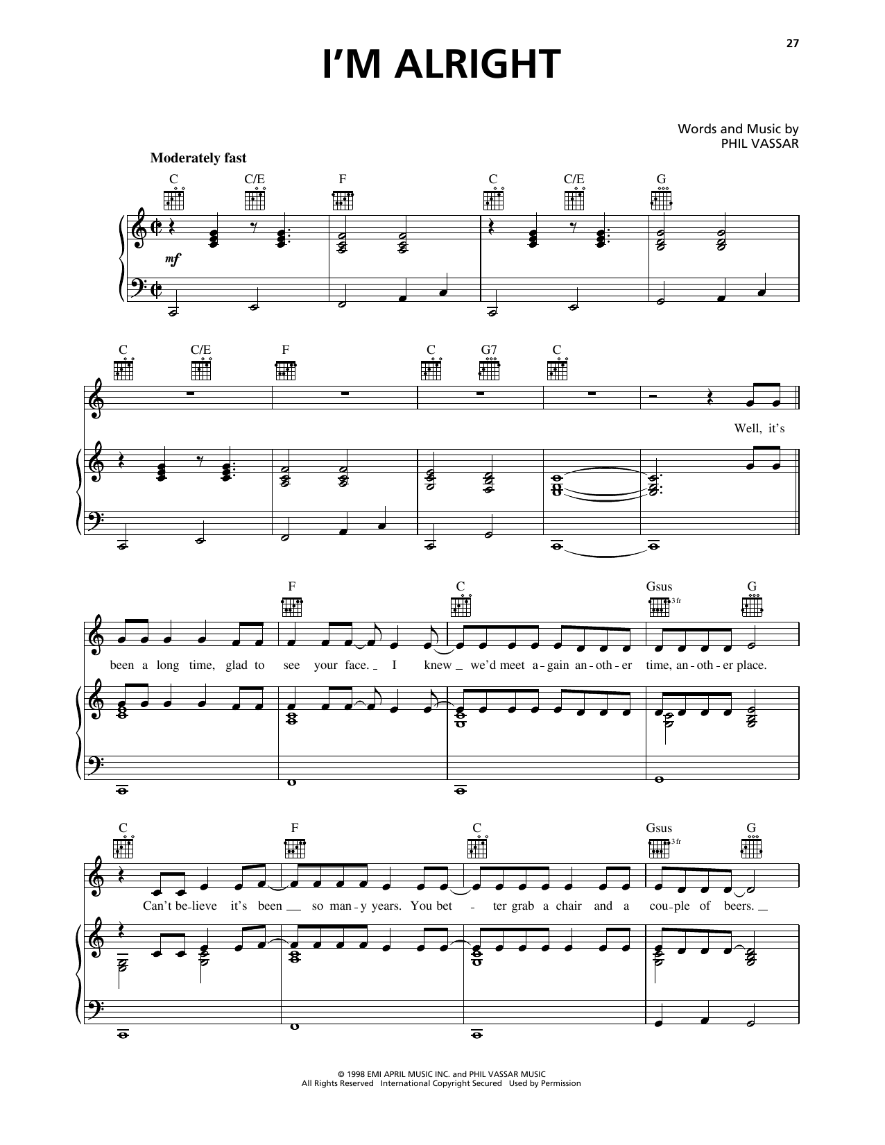 Phil Vassar I'm Alright sheet music notes and chords arranged for Piano, Vocal & Guitar Chords (Right-Hand Melody)