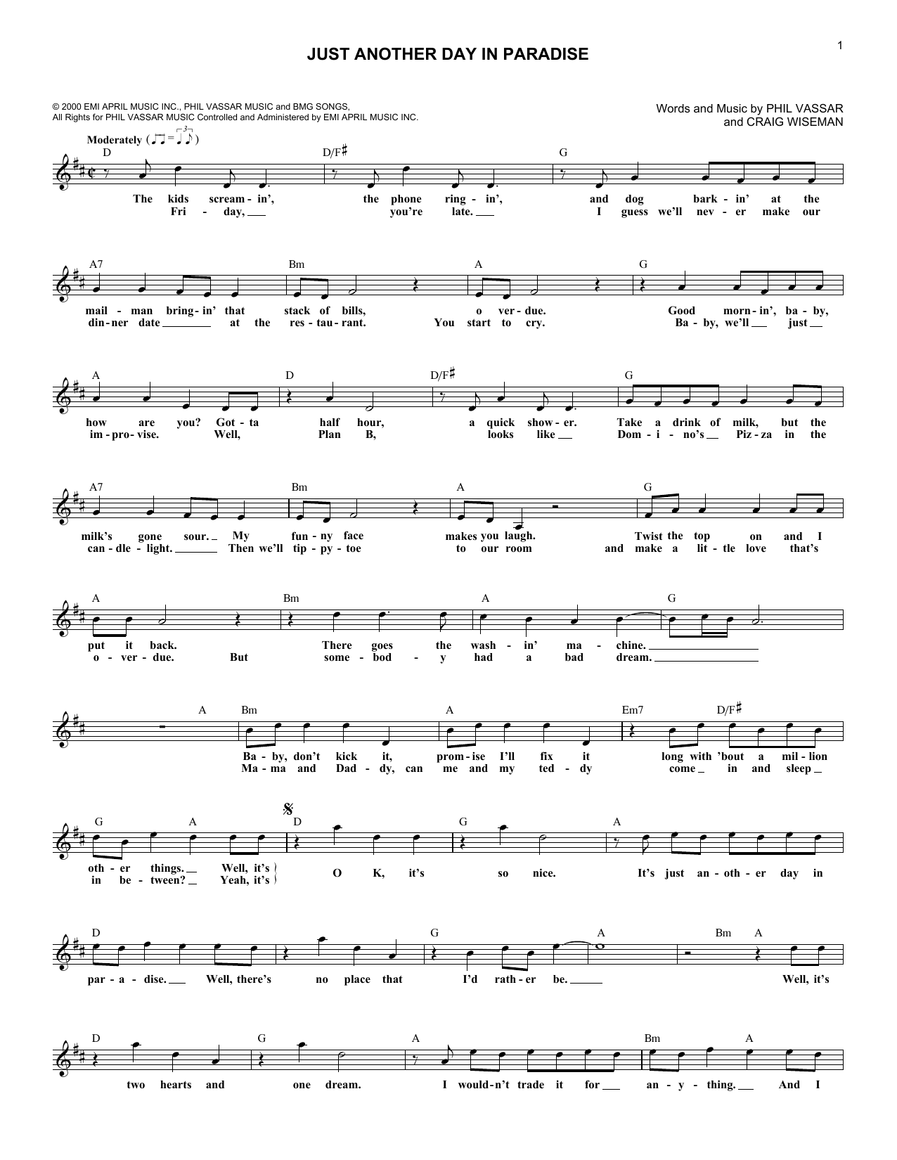 Phil Vassar Just Another Day In Paradise sheet music notes and chords arranged for Lead Sheet / Fake Book