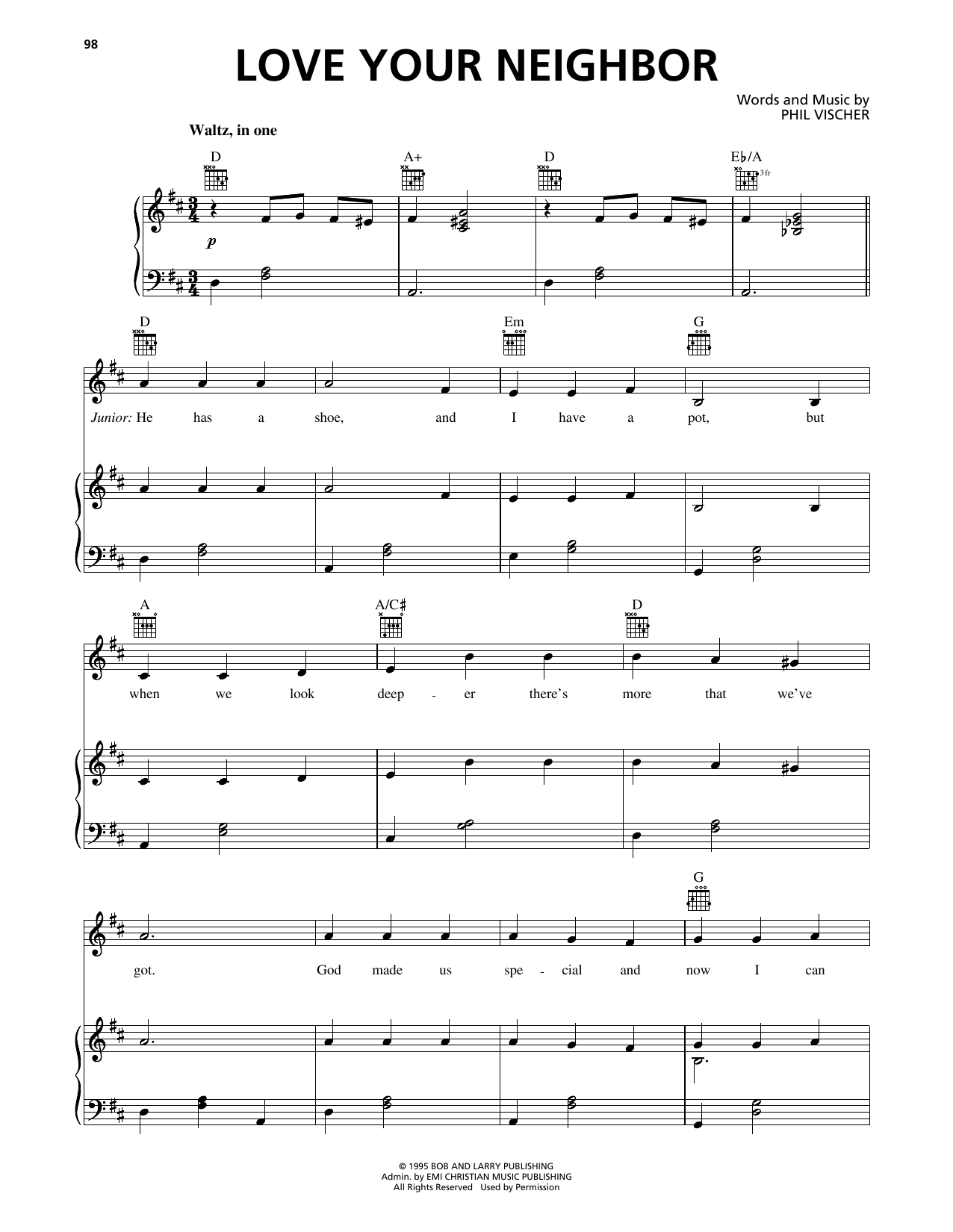 Phil Vischer Love Your Neighbor (from VeggieTales) sheet music notes and chords arranged for Piano, Vocal & Guitar Chords (Right-Hand Melody)