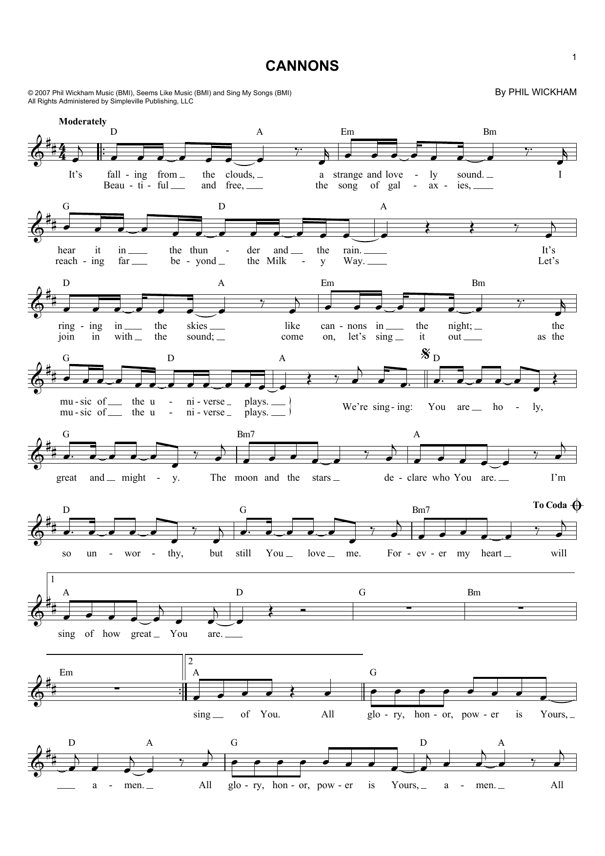 Phil Wickham Cannons sheet music notes and chords arranged for Lead Sheet / Fake Book
