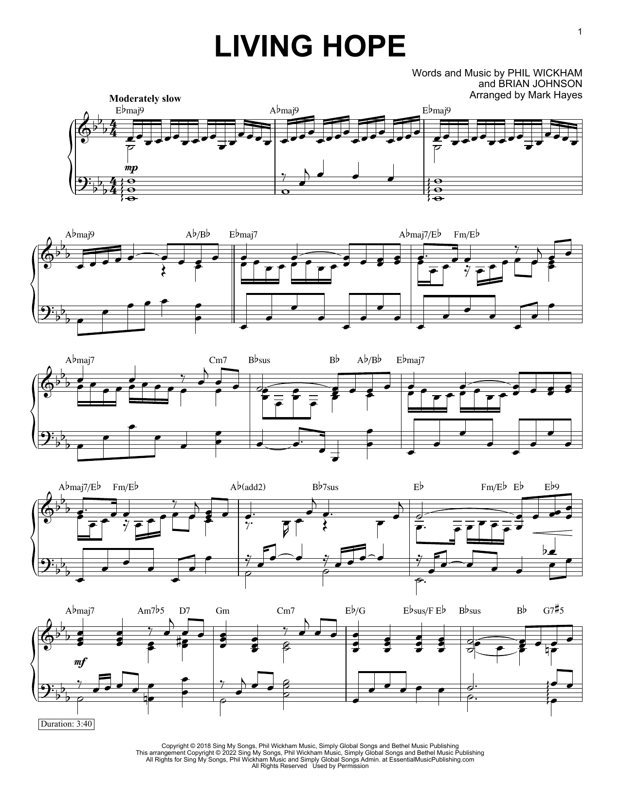 Phil Wickham Living Hope (arr. Mark Hayes) sheet music notes and chords arranged for Piano Solo