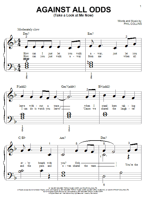 Phil Collins Against All Odds (Take A Look At Me Now) sheet music notes and chords. Download Printable PDF.
