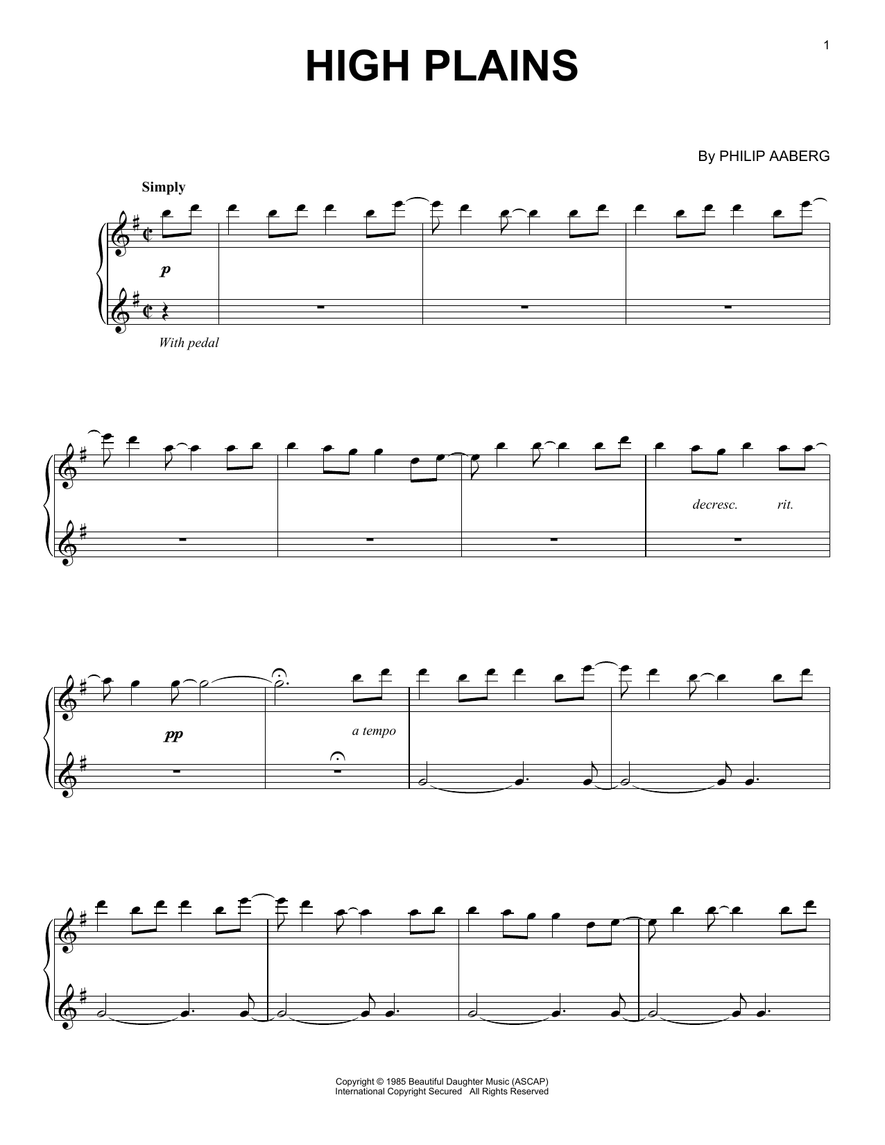 Philip Aaberg High Plains sheet music notes and chords arranged for Piano Solo