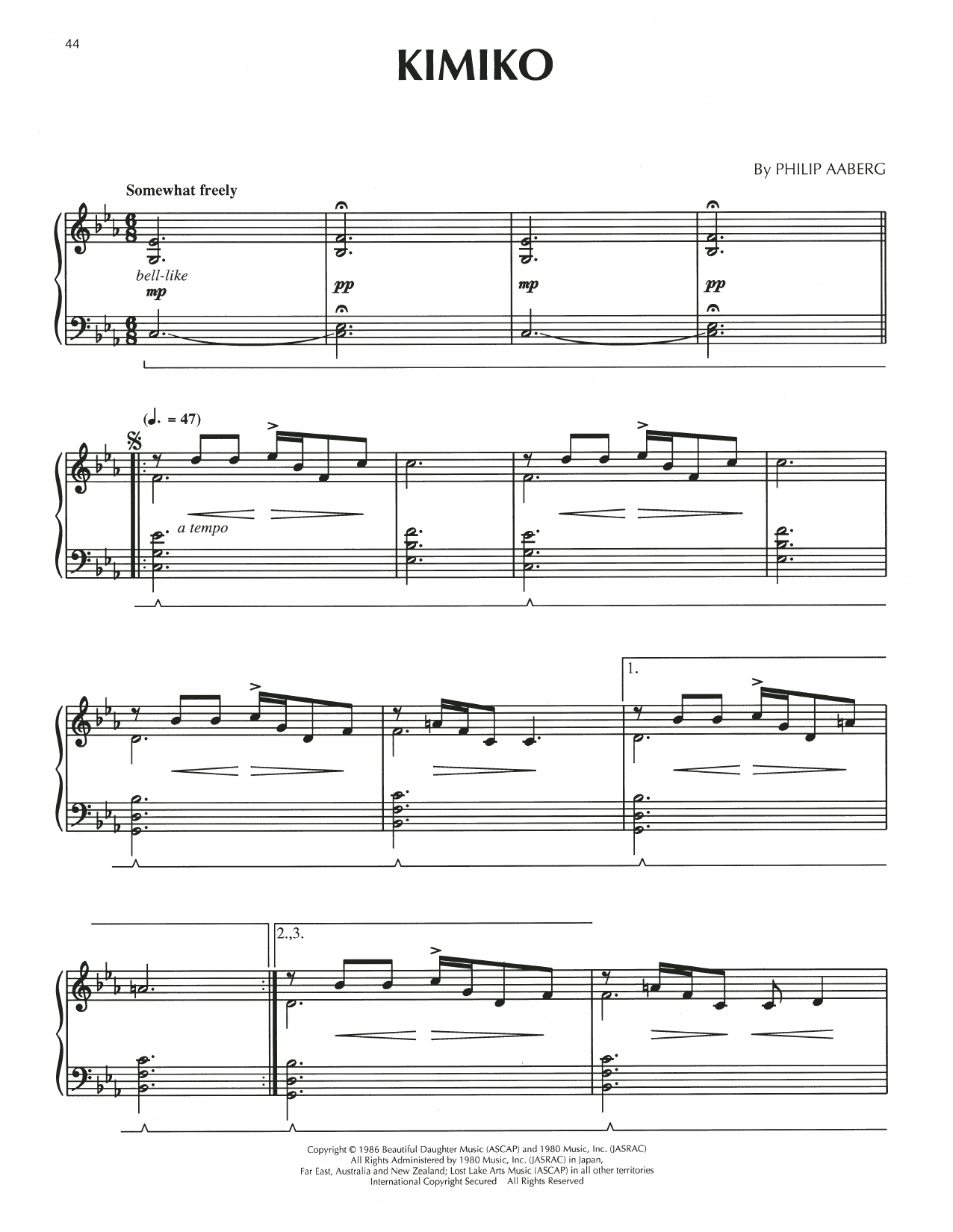 Philip Aaberg Kimiko (from The Story Of Naomi Uemura) sheet music notes and chords arranged for Piano Solo