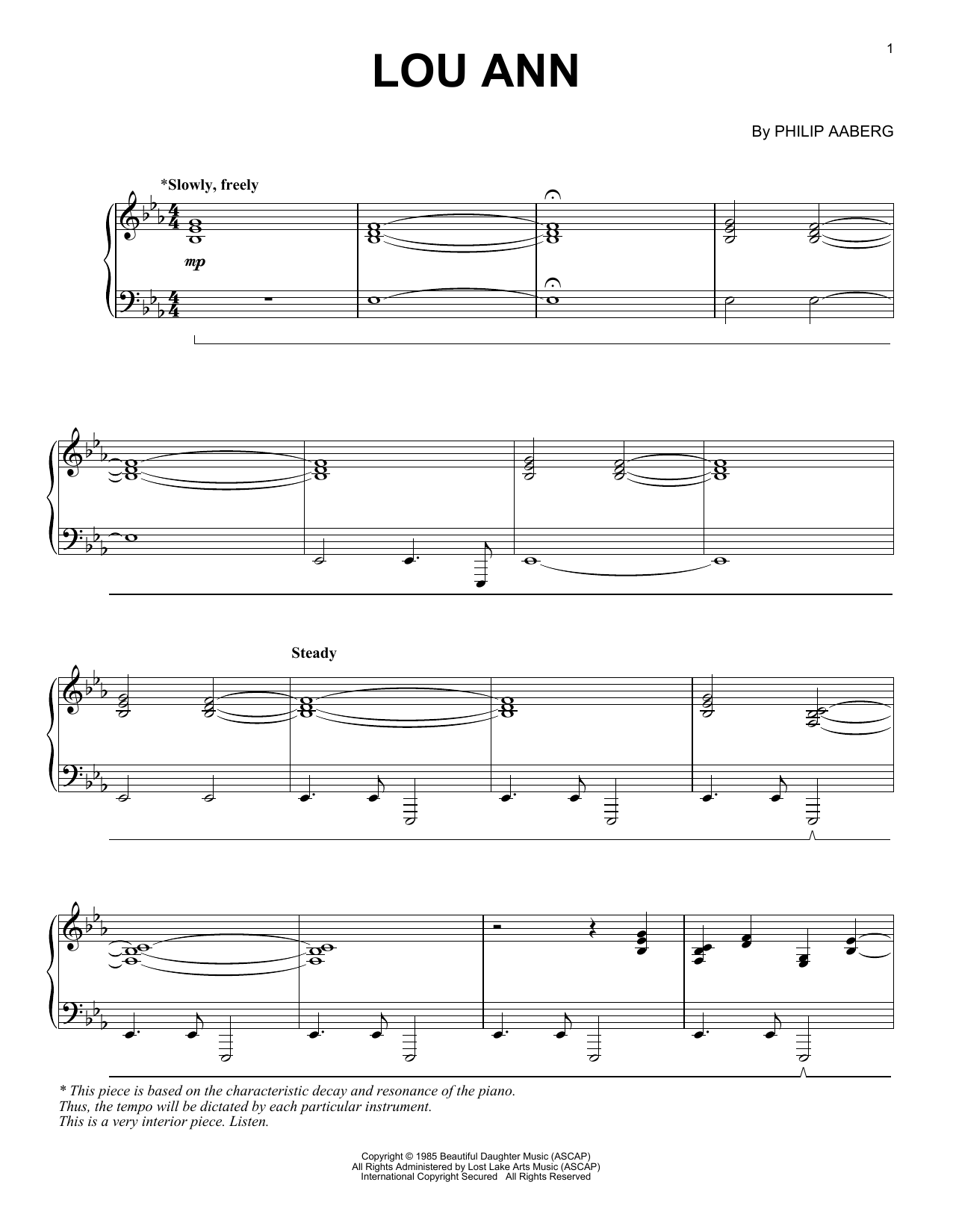 Philip Aaberg Lou Ann sheet music notes and chords arranged for Piano Solo