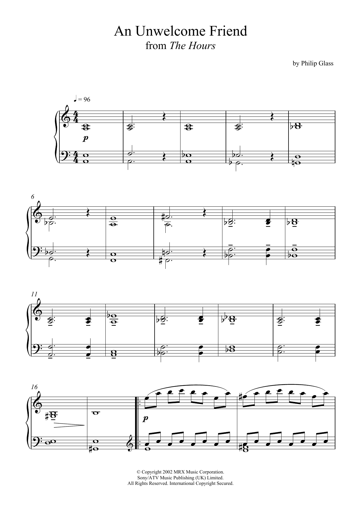Philip Glass An Unwelcome Friend (from 'The Hours') sheet music notes and chords arranged for Piano Solo