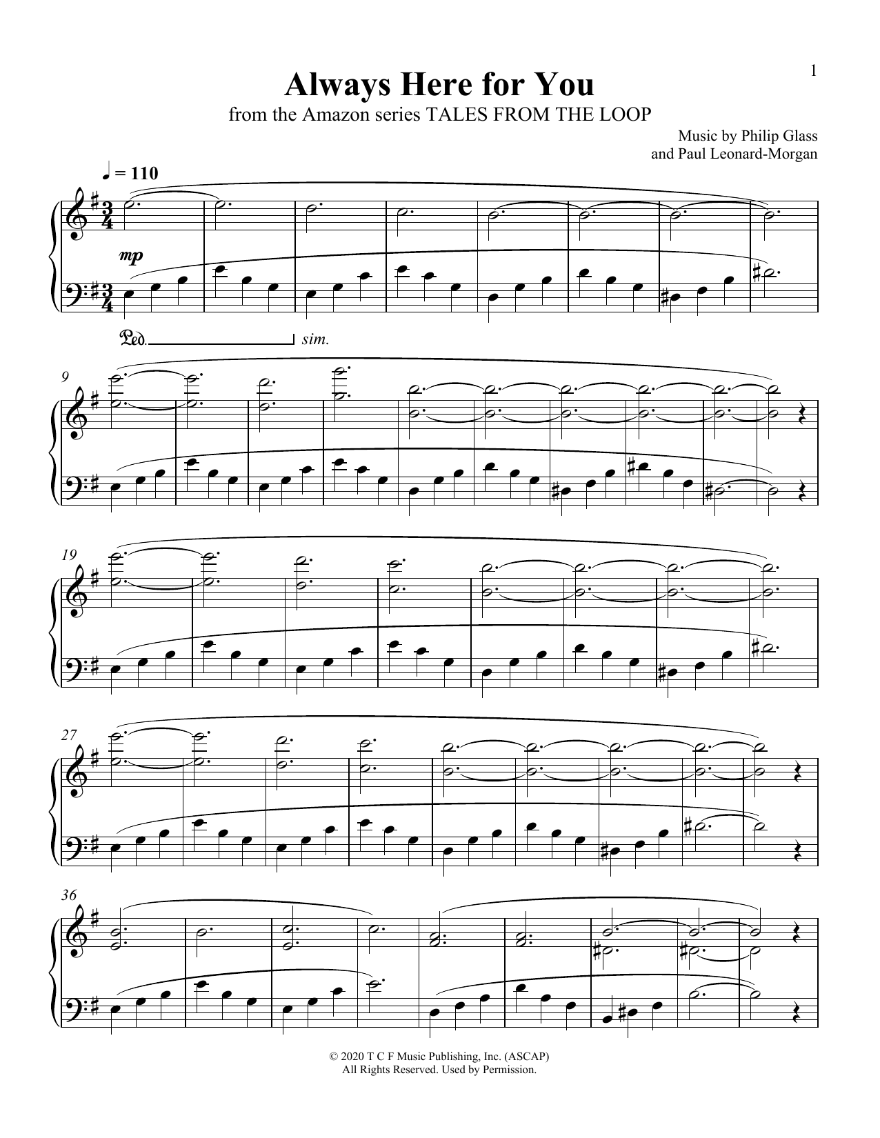 Philip Glass and Paul Leonard-Morgan Always Here For You (from Tales From The Loop) sheet music notes and chords arranged for Piano Solo