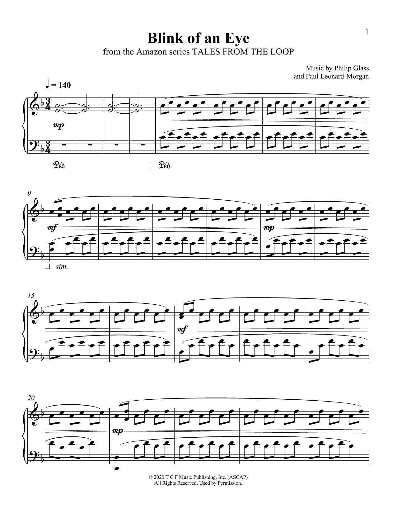 Philip Glass and Paul Leonard-Morgan Blink Of An Eye (from Tales From The Loop) sheet music notes and chords arranged for Piano Solo