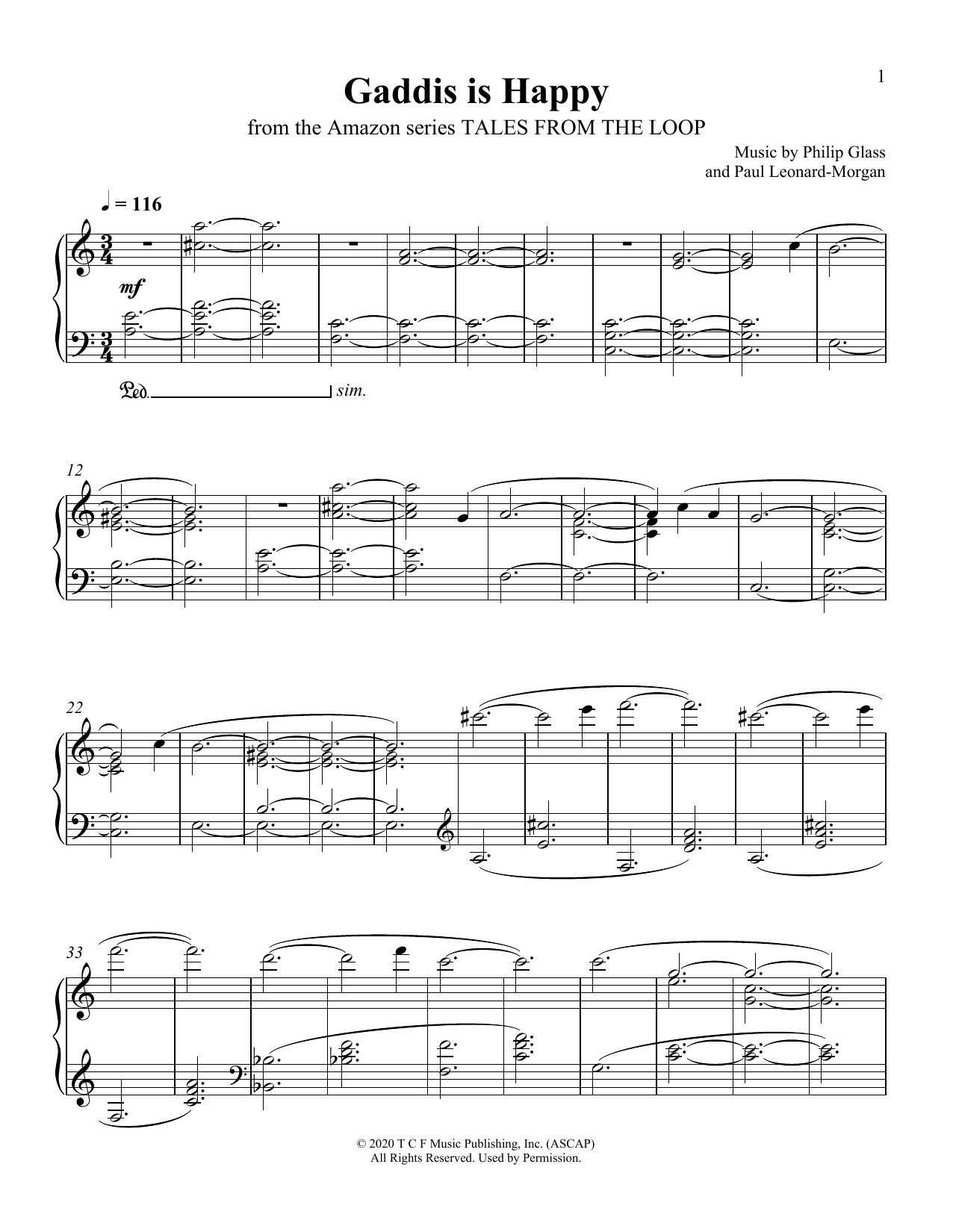 Philip Glass and Paul Leonard-Morgan Gaddis Is Happy (from Tales From The Loop) sheet music notes and chords arranged for Piano Solo