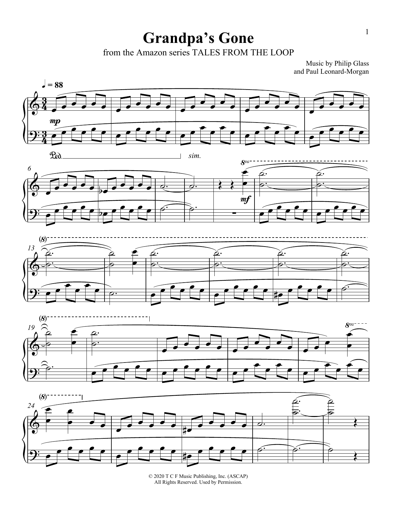 Philip Glass and Paul Leonard-Morgan Grandpa's Gone (from Tales From The Loop) sheet music notes and chords arranged for Piano Solo