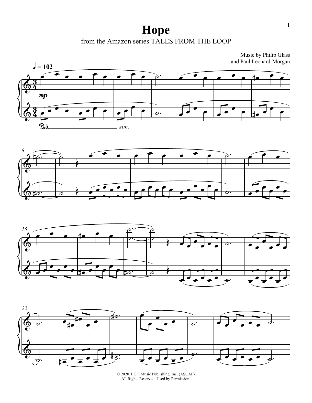 Philip Glass and Paul Leonard-Morgan Hope (from Tales From The Loop) sheet music notes and chords arranged for Piano Solo