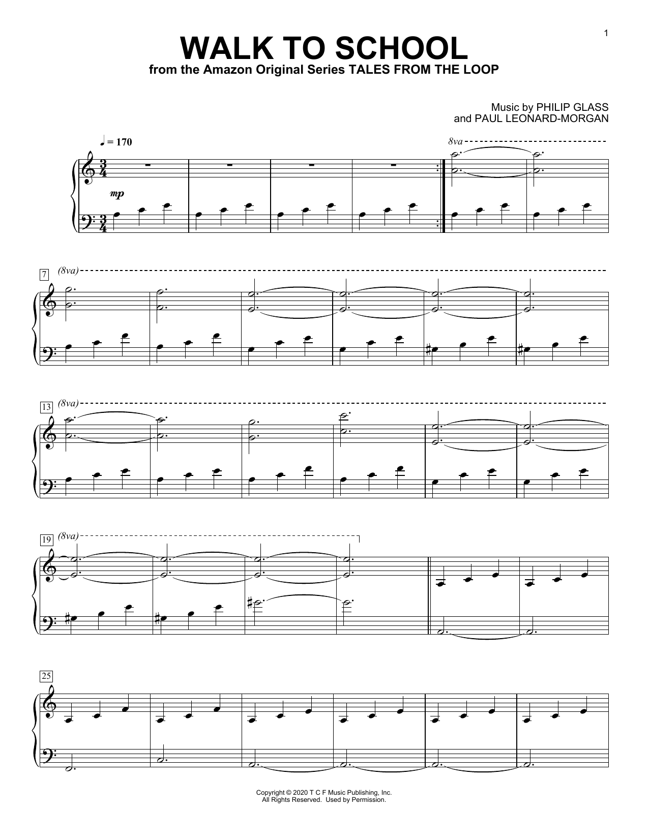 Philip Glass and Paul Leonard-Morgan Walk To School (from Tales from the Loop) sheet music notes and chords arranged for Piano Solo