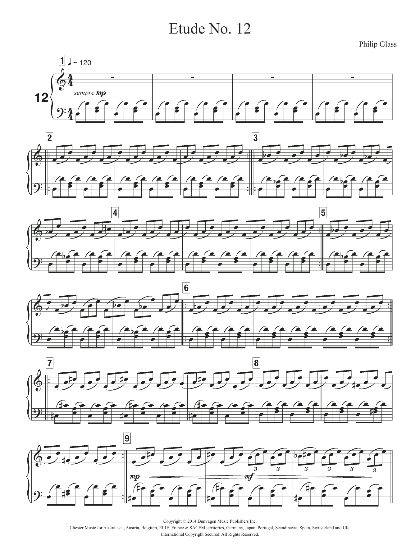 Philip Glass Etude No. 12 sheet music notes and chords arranged for Piano Solo
