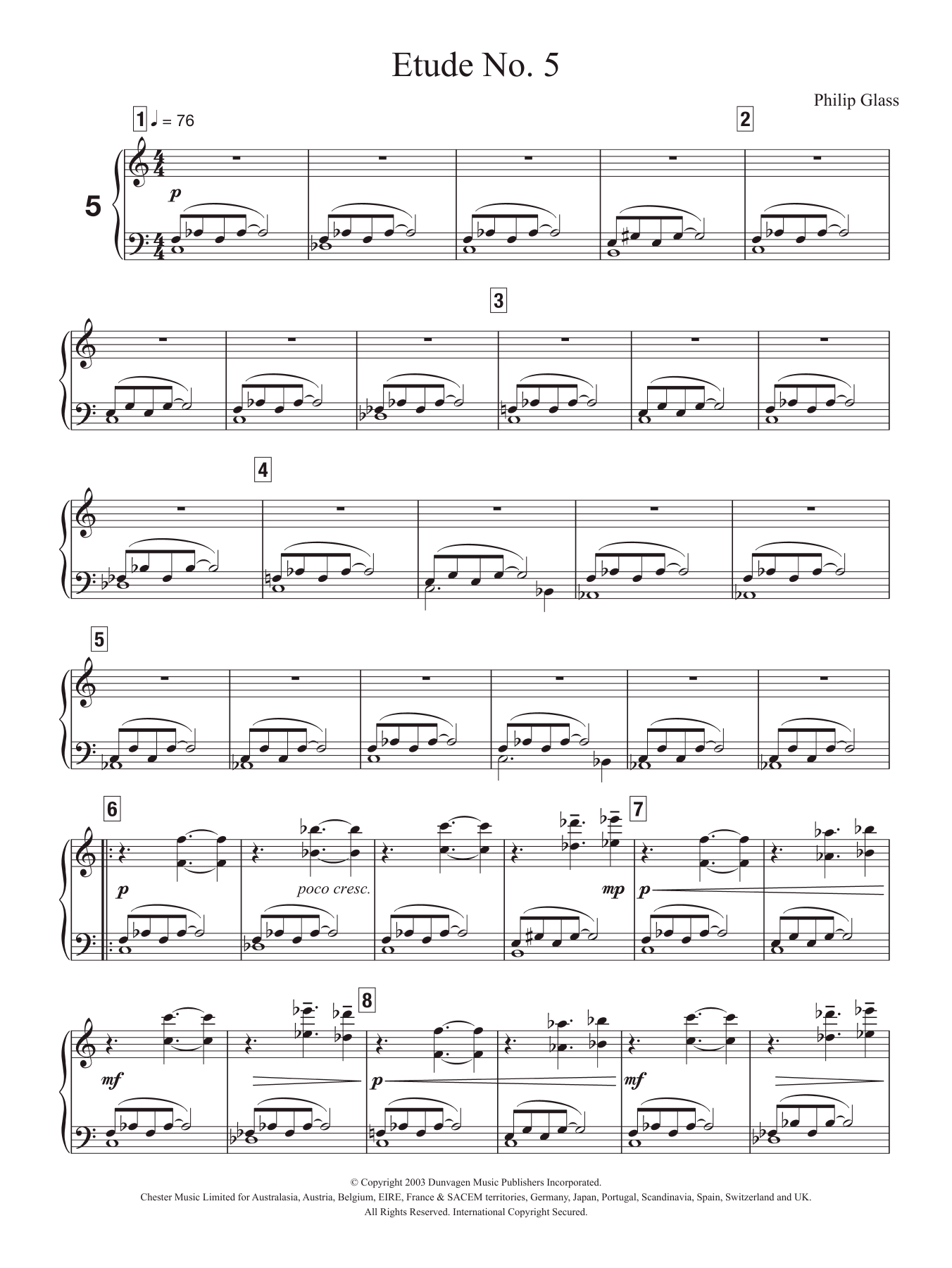 Philip Glass Etude No. 5 sheet music notes and chords arranged for Piano Solo