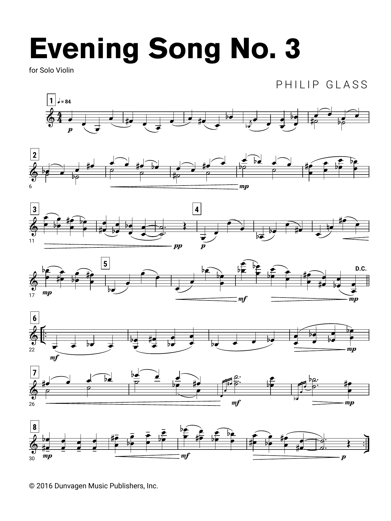 Philip Glass Evening Song No. 3 sheet music notes and chords arranged for Violin Solo