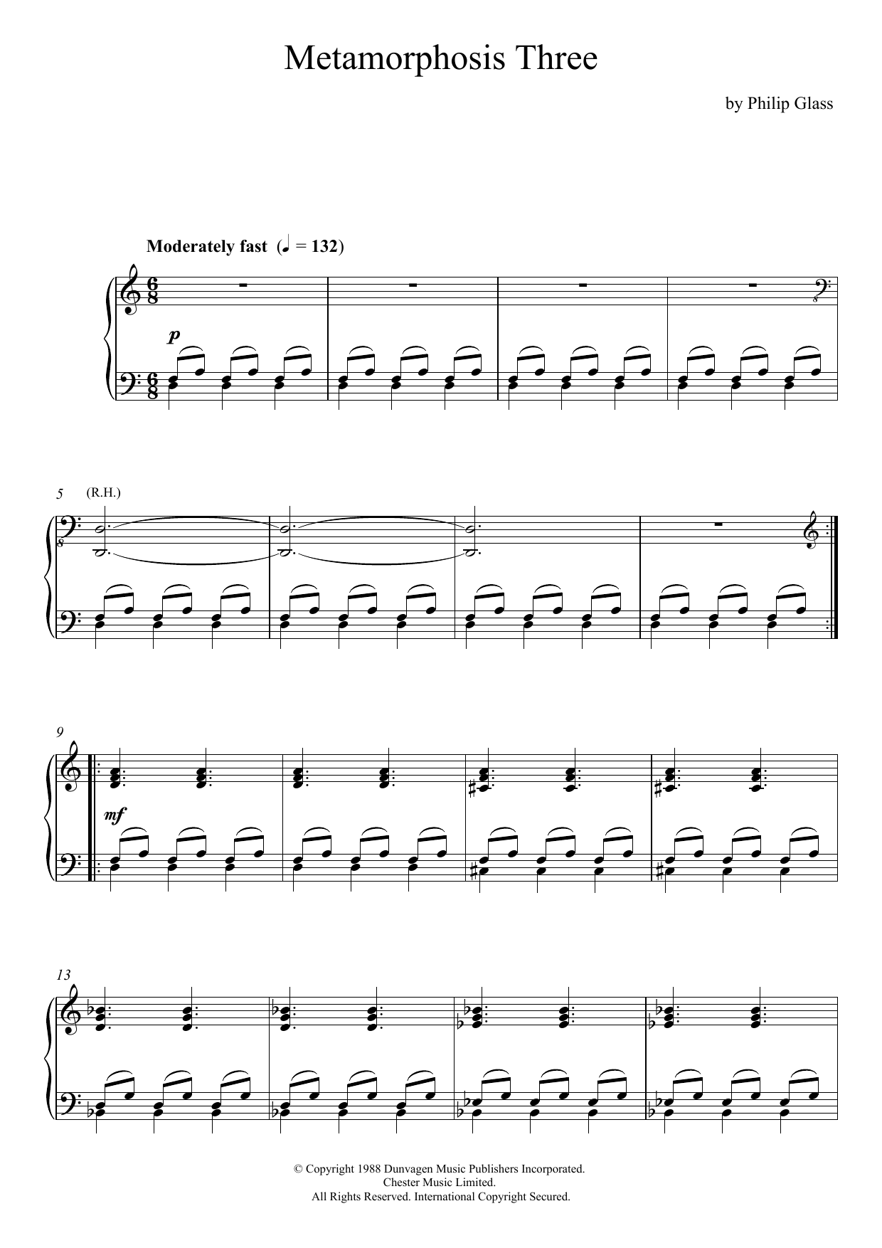 Philip Glass Metamorphosis Three sheet music notes and chords arranged for Piano Solo