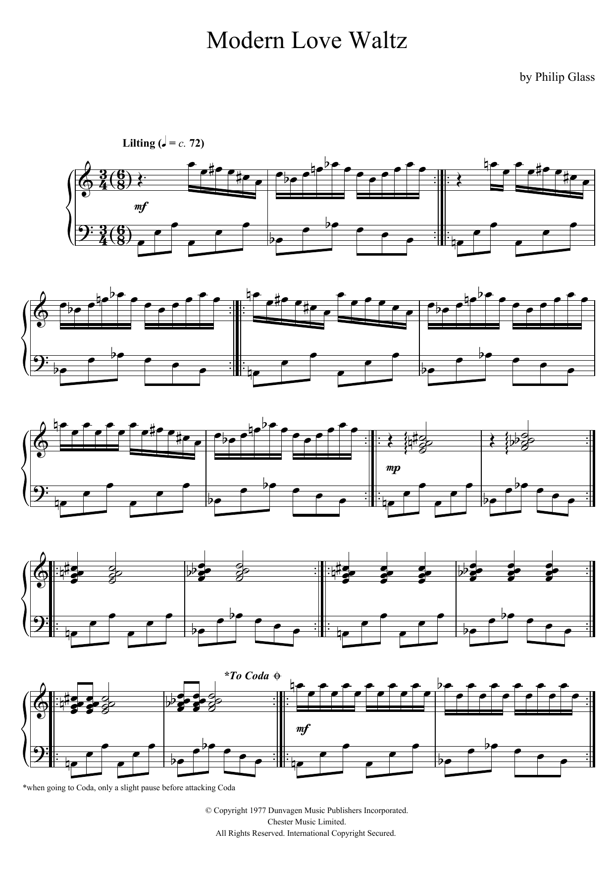 Philip Glass Modern Love Waltz sheet music notes and chords arranged for Piano Solo
