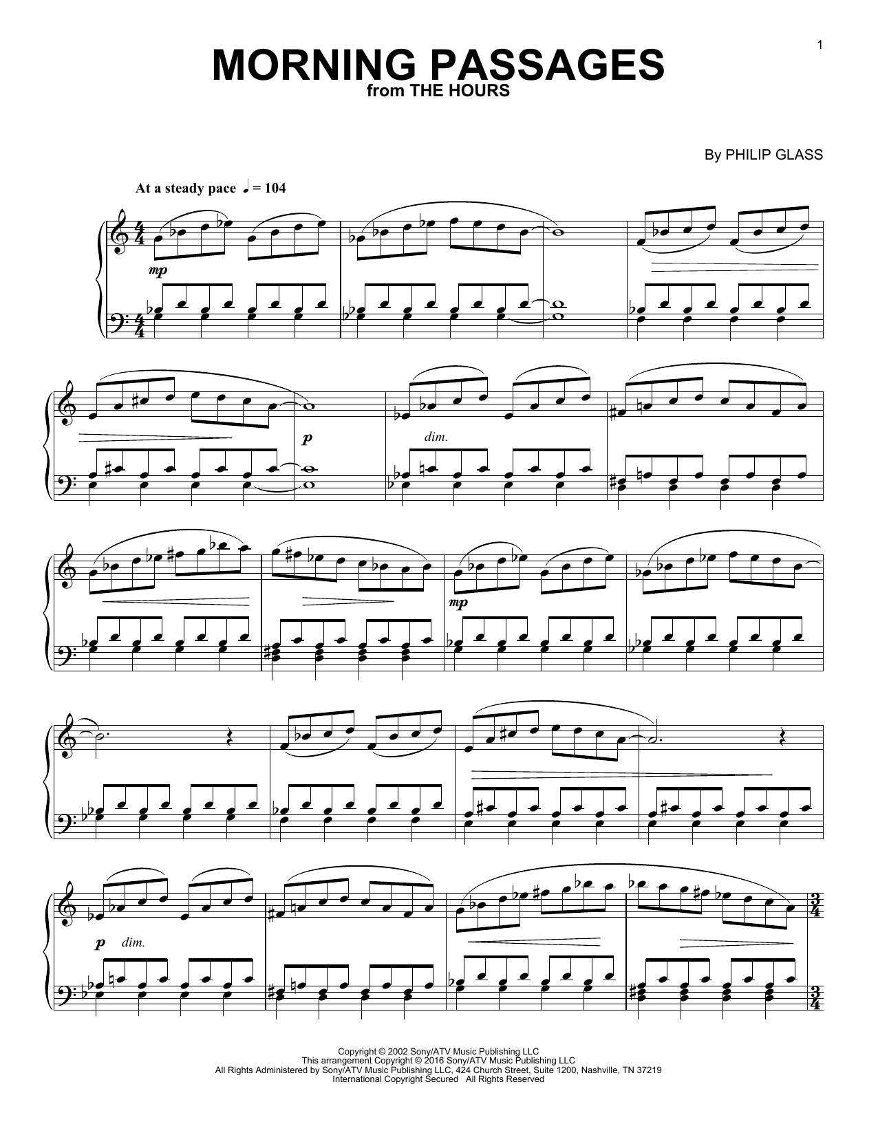 Philip Glass Morning Passages (from The Hours) sheet music notes and chords arranged for Easy Piano