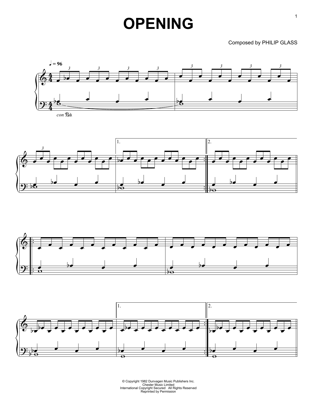 Philip Glass Opening sheet music notes and chords arranged for Easy Piano