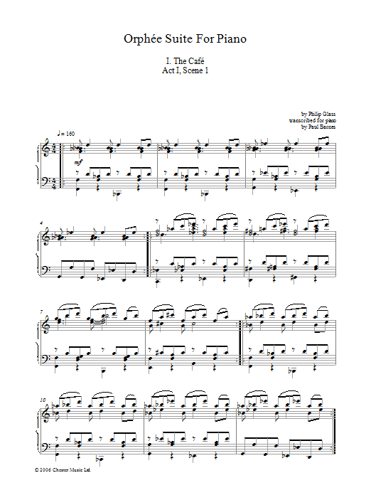 Philip Glass Orphee Suite For Piano, I. The Cafe, Act I, Scene 1 sheet music notes and chords arranged for Piano Solo