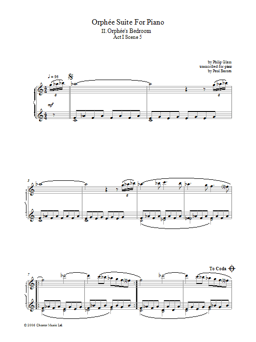 Philip Glass Orphee Suite For Piano, II. Orphee's Bedroom, Act I, Scene 5 sheet music notes and chords arranged for Piano Solo
