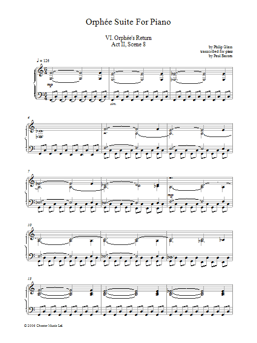 Philip Glass Orphee Suite For Piano, VI. Orphee's Return, Act II, Scene 8 sheet music notes and chords arranged for Piano Solo