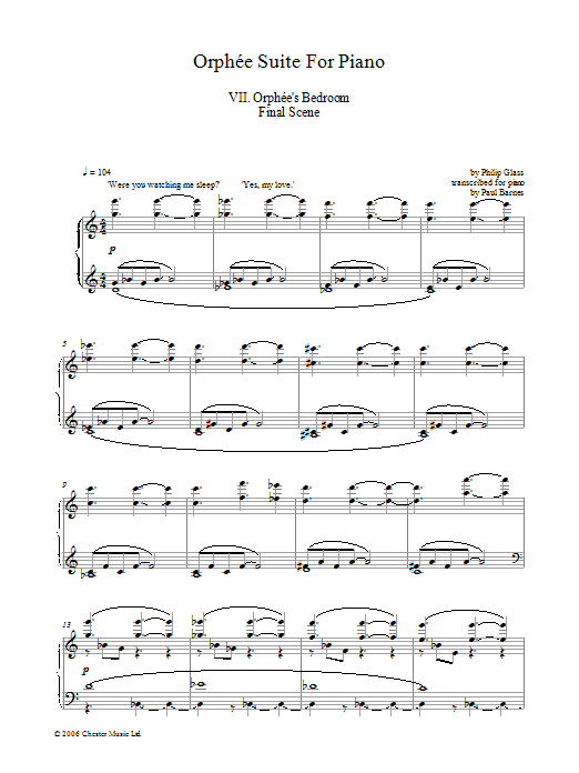 Philip Glass Orphee Suite For Piano, VII. Orphee's Bedroom Final Scene sheet music notes and chords arranged for Piano Solo